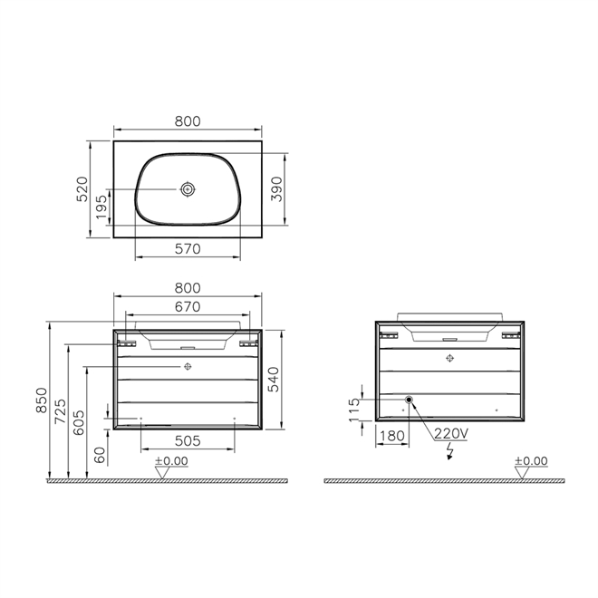 VitrA Frame 80 cm Dore Meşe Çift Çekmeceli Lavabo Alt Dolabı Banyotrendy