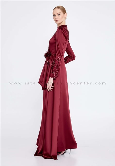 G Zem Ki Long Sleeve Maxi Satin Mermaid Regular Burgundy Wedding Guest