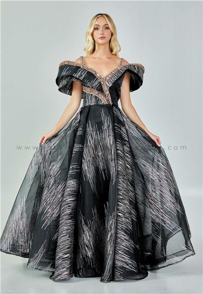 Matini Off Shoulder Maxi Tulle A Line Regular Black Silver Prom Dress