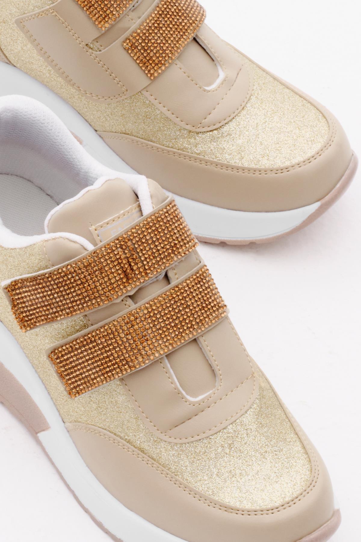 Simli Yüksek Taban Taş Detaylı Cırtlı Kadın Nude Spor Ayakkabı TBLDY3014 Tonny Black