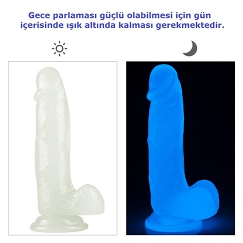 Gece Parlayan Fosforlu 19 cm Realistik Vantuzlu Şeffaf Dildo Penis