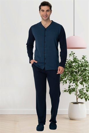 By Mecit 2774 İndigo Önden Düğmeli Büyük Beden Erkek Pijama Takımı