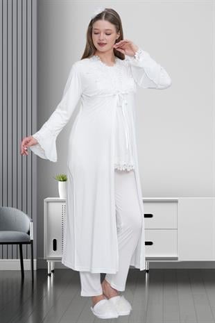 Mecit PijamaMecit 1517 Ekru Sabahlıklı Lohusa Pijama Takımı