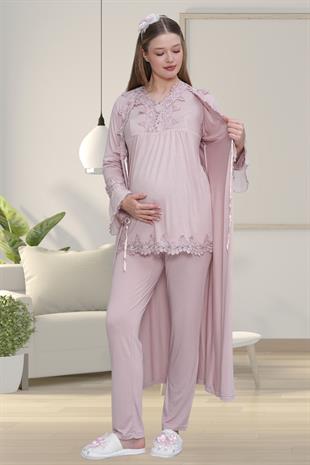 Mecit PijamaMecit 1517 Gül Kurusu Sabahlıklı Lohusa Pijama Takımı