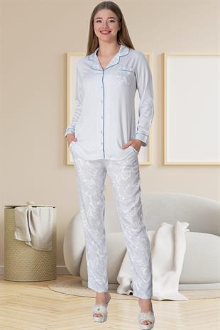 Mecit 5143 Mavi Boydan Düğmeli Kadın Pijama Takımı