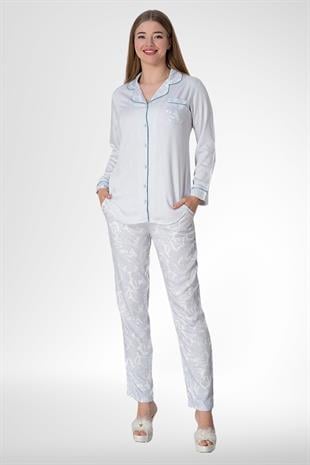 MECİT PİJAMAMecit 5143 Mavi Boydan Düğmeli Kadın Pijama Takımı