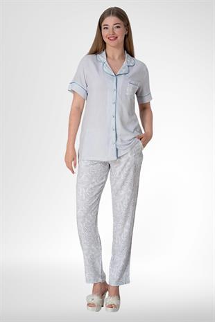 MECİT PİJAMAMecit 5144 Mavi Boydan Düğmeli Kadın Pijama Takımı
