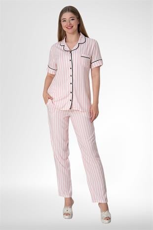 MECİT PİJAMAMecit 5150 Pembe Çizgili Boydan Düğmeli Kadın Pijama Takımı