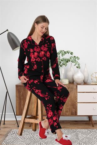 Mecit 5922 Çiçek Desenli Boydan Düğmeli Kadın Pijama Takımı