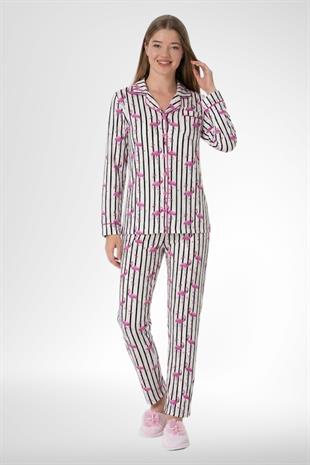 MECİT PİJAMAMecit 5923 Flamingo Desenli Boydan Düğmeli Kadın Pijama Takımı