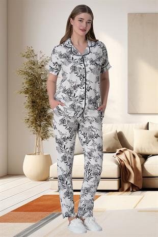 Mecit 6015 Siyah Çiçek Desenli Boydan Düğmeli Kadın Pijama Takımı