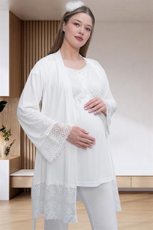 Mecit PijamaMecit 6203 Ekru Sabahlıklı Lohusa Pijama Takımı
