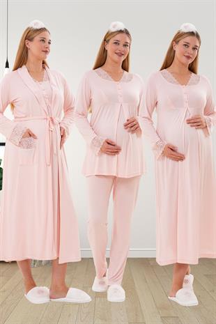 MECİT PİJAMAMecit 6332 Pudra Sabahlık Gecelik Pijama Hamile Lohusa Set