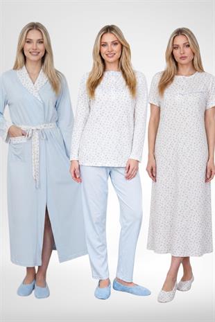 MECİT PİJAMAMecit 6385 Mavi Büyük Beden Kadın Sabahlık Pijama ve Kısa Kollu Gecelik Set