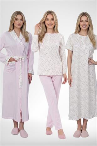 MECİT PİJAMAMecit 6385 Pembe Büyük Beden Kadın Sabahlık Pijama ve Kısa Kollu Gecelik Set