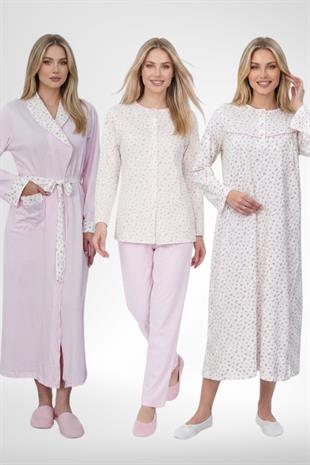 MECİT PİJAMAMecit 6386 Pembe Büyük Beden Kadın Sabahlık Düğmeli Pijama ve Uzun Kollu Gecelik Set