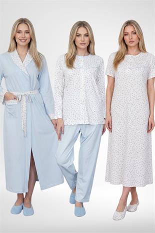 MECİT PİJAMAMecit 6387 Mavi Büyük Beden Kadın Sabahlık Düğmeli Pijama ve Kısa Kollu Gecelik Set