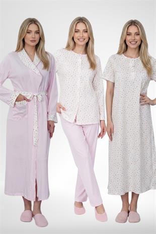 MECİT PİJAMAMecit 6387 Pembe Büyük Beden Kadın Sabahlık Düğmeli Pijama ve Kısa Kollu Gecelik Set