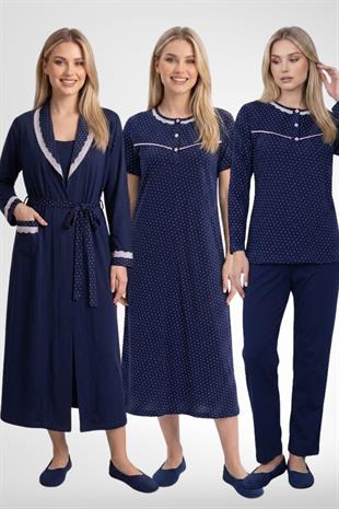 MECİT PİJAMAMecit 6393 Lacivert %100 Pamuk Kadın Sabahlık Pijama Gecelik Set