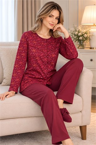 MECİT PİJAMAMecit 6417 Bordo %100 Pamuk Boydan Düğmeli Büyük Beden Kadın Pijama Takımı