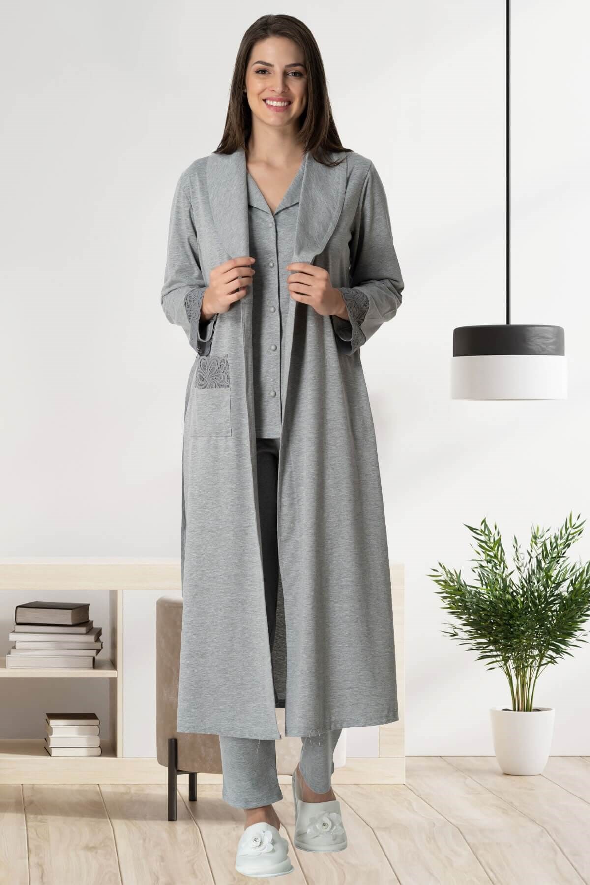Carpediem 1547 Gri Uzun Sabahlıklı Lohusa Pijama Takımı | Mecit Pijama