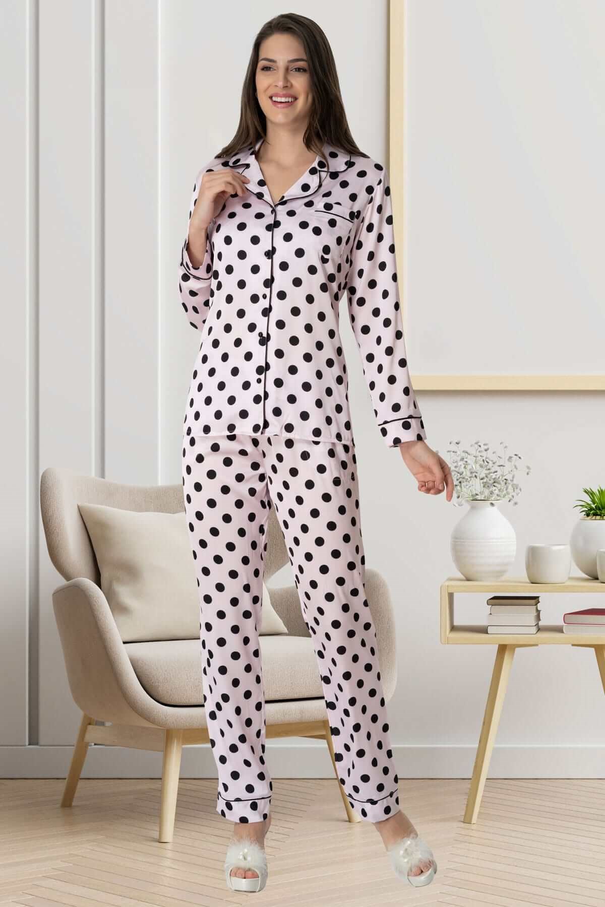 Carpediem 1550 Puantiyeli Pembe Saten Lohusa Pijama Takımı | Mecit Pijama