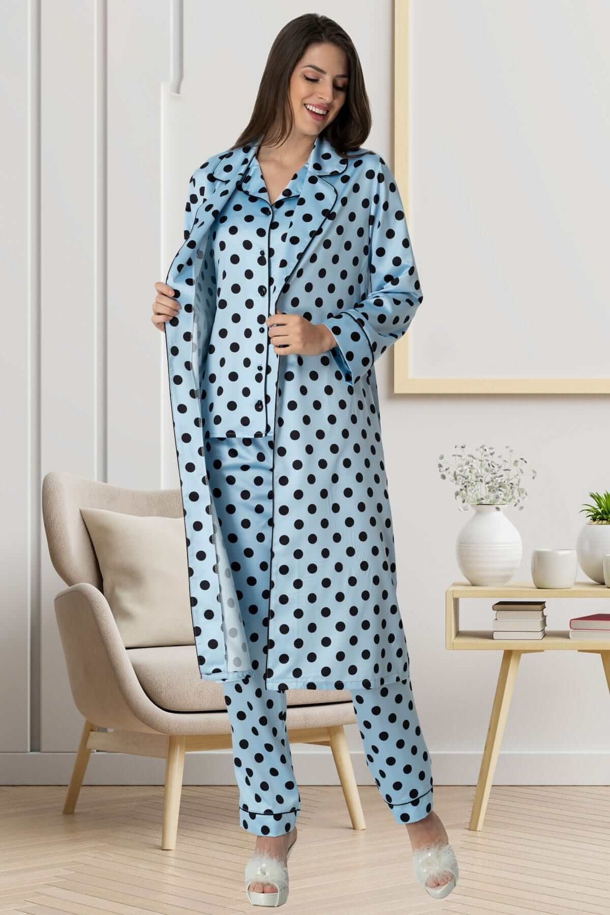 Carpediem 1552 Puantiyeli Saten Mavi Sabahlıklı Lohusa Pijama Takımı |  Mecit Pijama