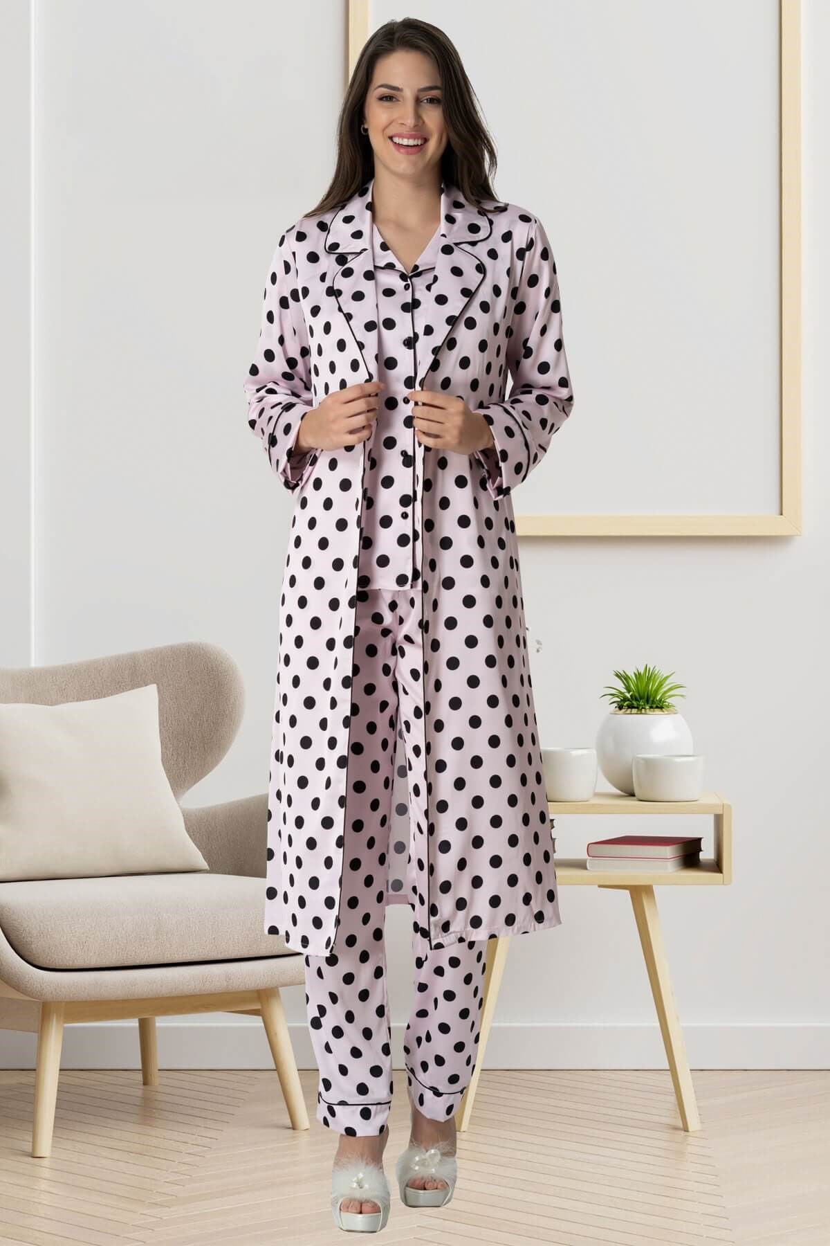 Carpediem 1552 Puantiyeli Saten Pembe Sabahlıklı Lohusa Pijama Takımı |  Mecit Pijama