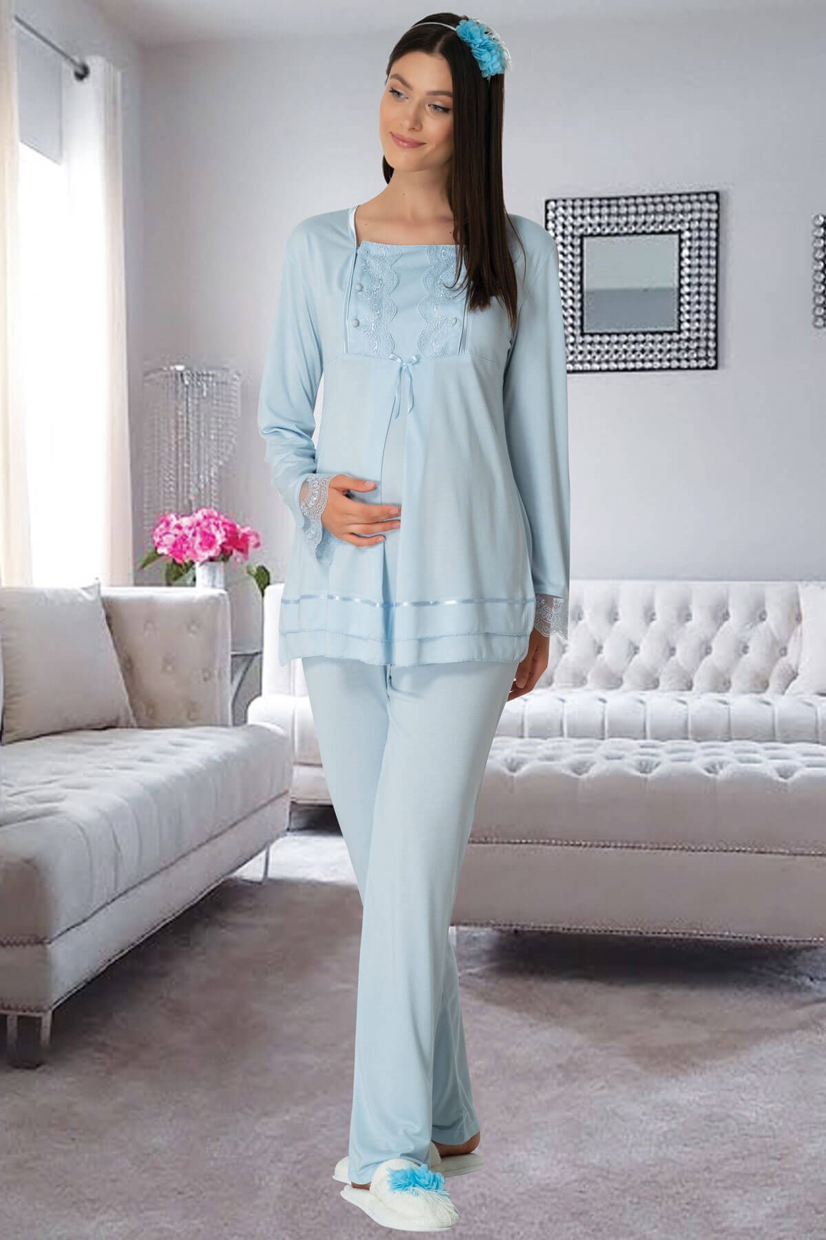 Carpediem L.R. 1513 Mavi Sabahlıklı Hamile Lohusa Pijama Takımı | By Mecit  Pijama