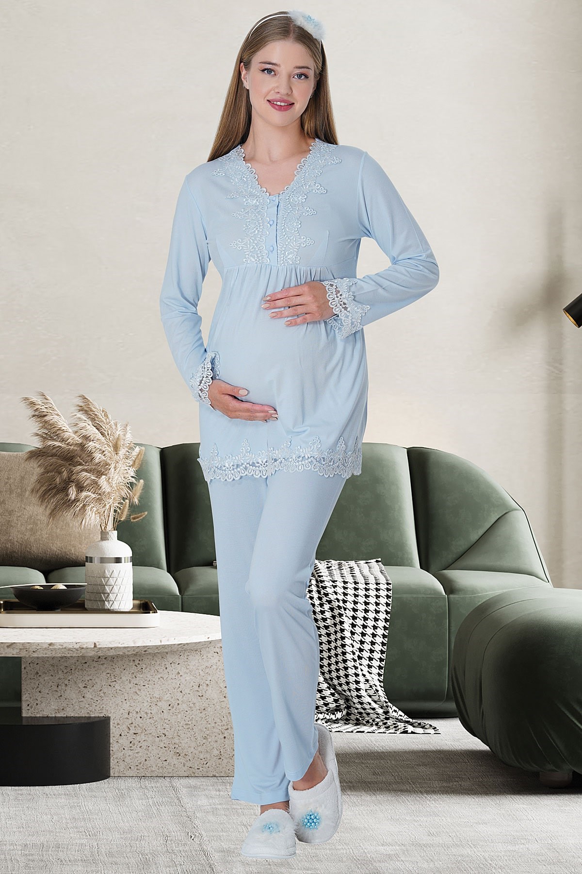 Mecit 1519 Mavi Lohusa Sabahlık Gecelik Pijama Set | Mecit Pijama