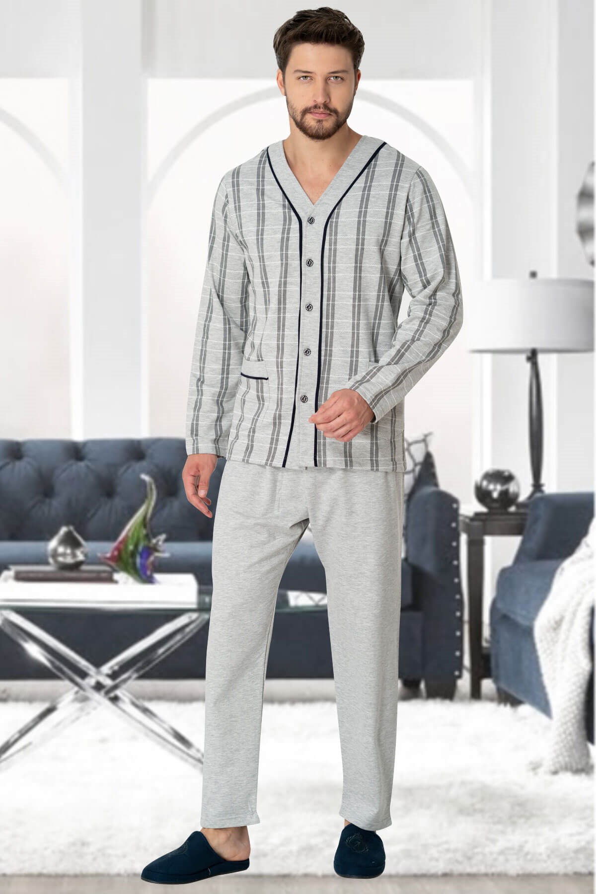 Mecit 2767 Gri Önden Düğmeli Büyük Beden Erkek Pijama Takımı | By Mecit  Pijama