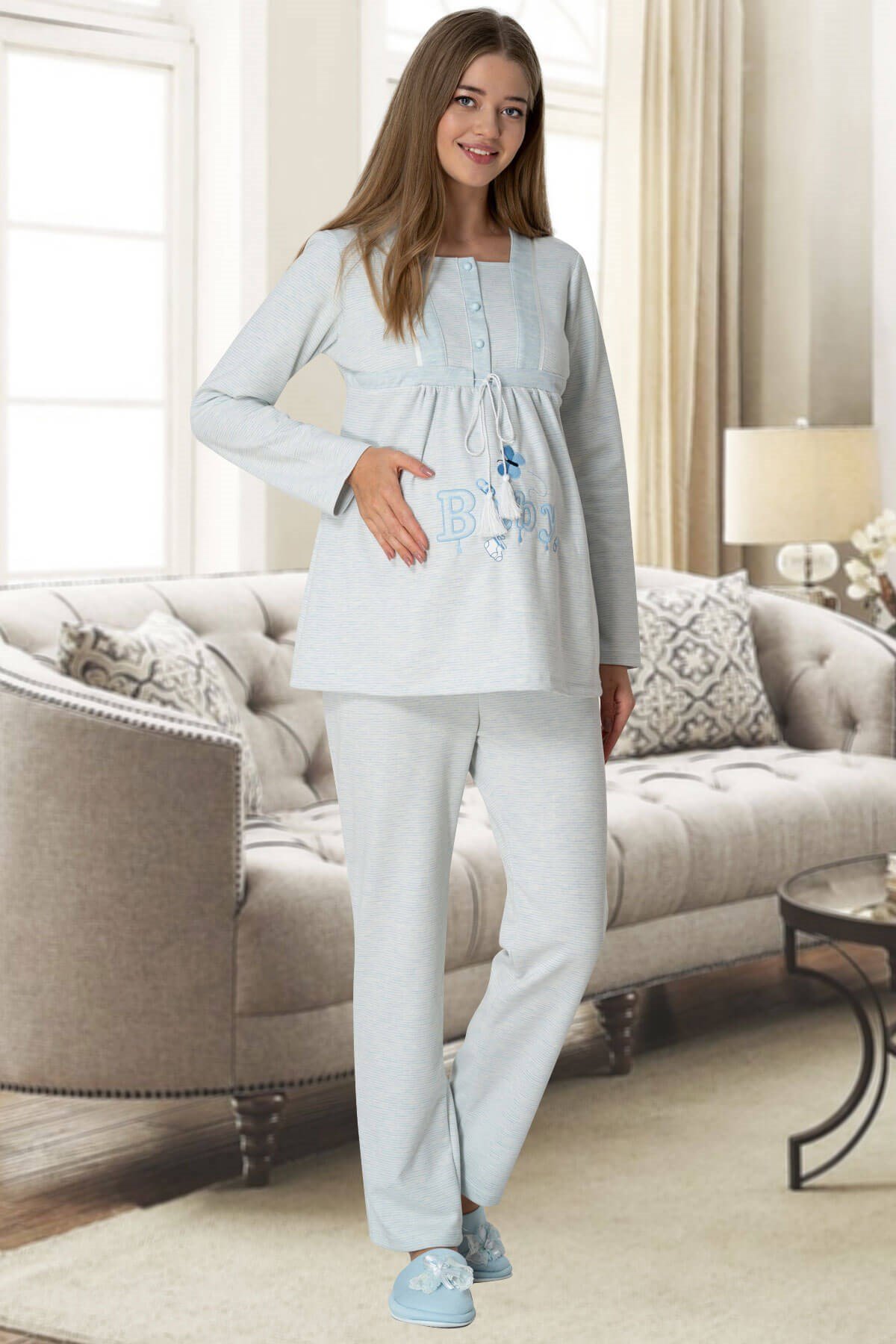 Mecit 5360 Mavi Sabahlıklı Lohusa Pijama Takımı | By Mecit Pijama