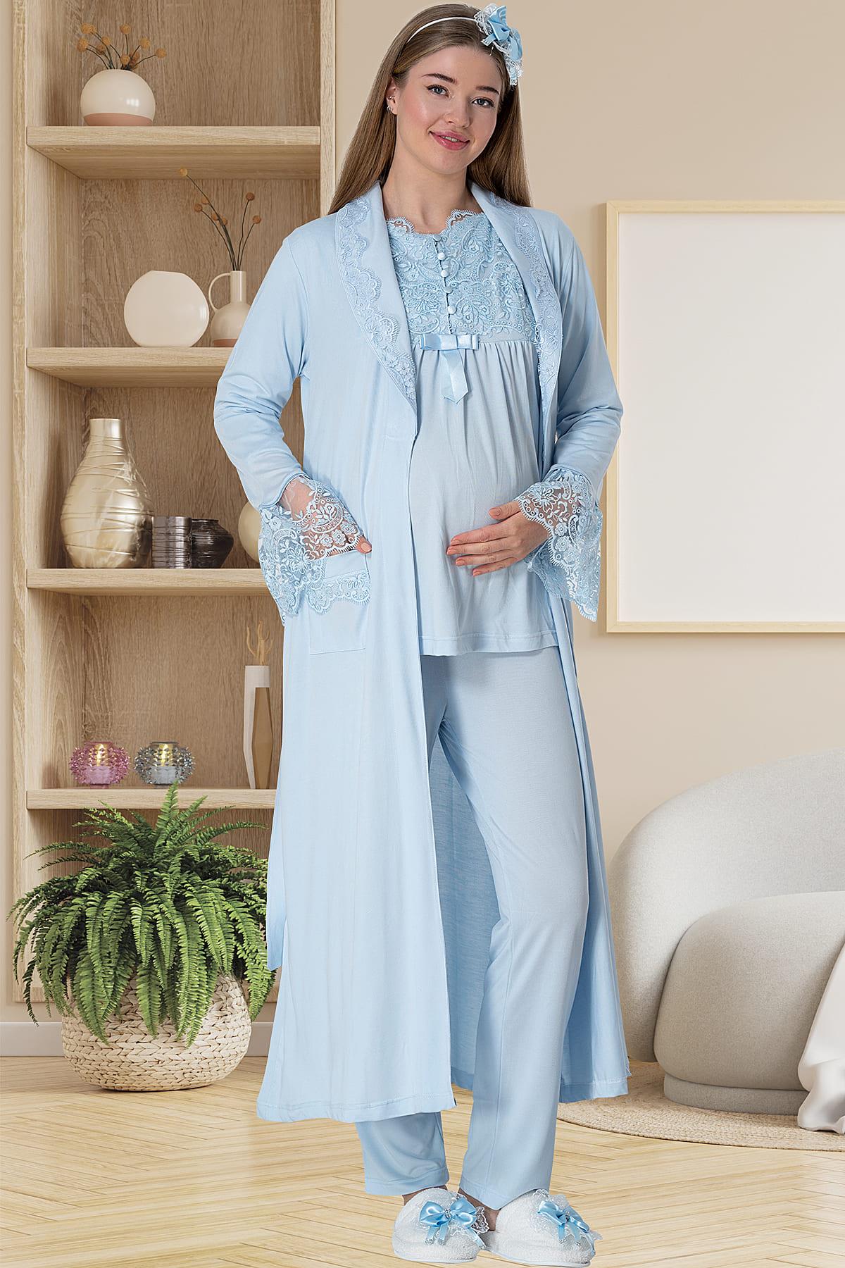 Mecit 5416 Mavi Uzun Sabahlıklı Lohusa Pjama Takımı | Mecit Pijama