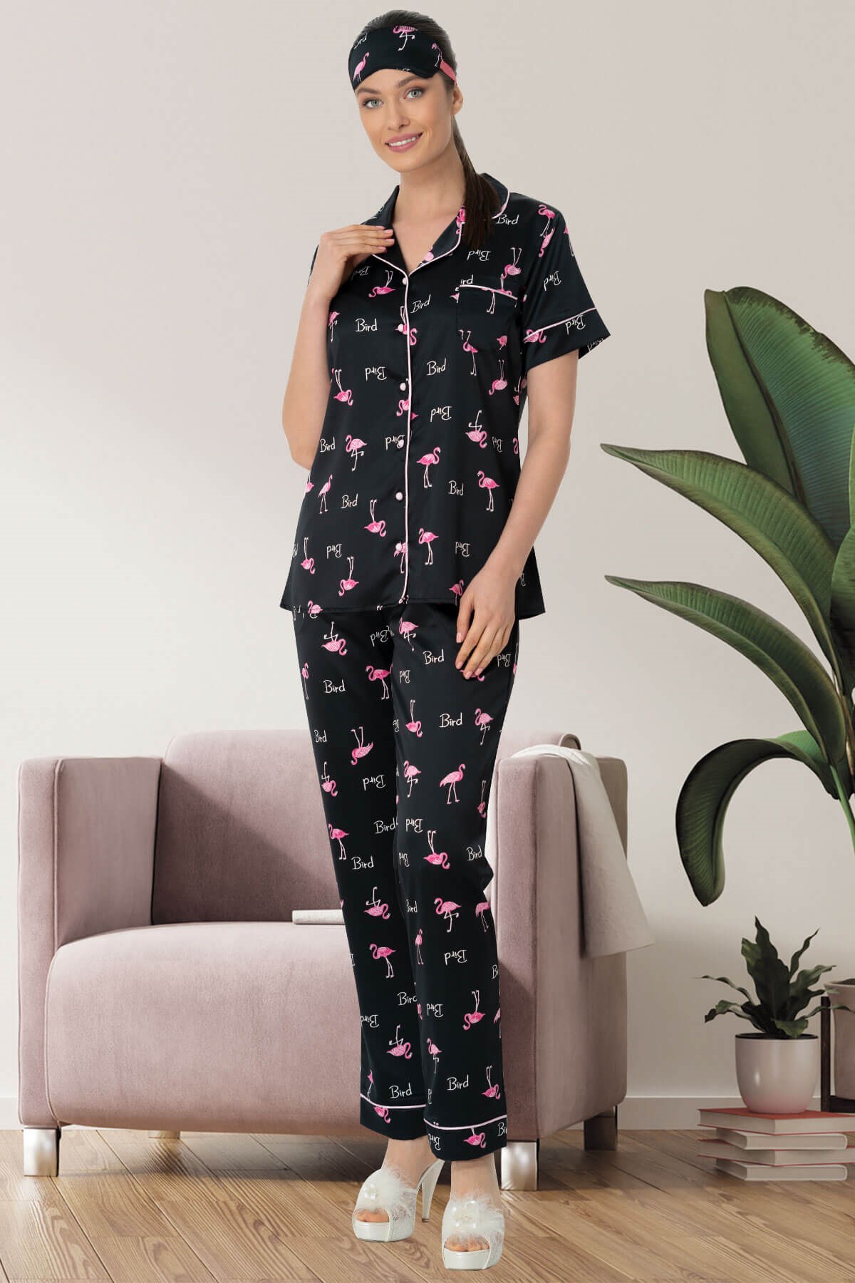 Mecit 5472 Flamingo Desenli Saten Pijama Takımı | Mecit Pijama