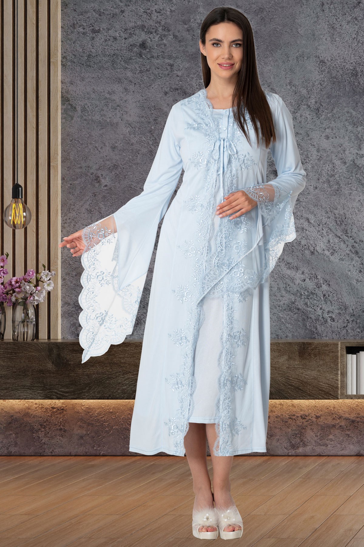 Mecit 5565 Mavi Sabahlık Pijama Gecelik Lohusa Set | Mecit Pijama