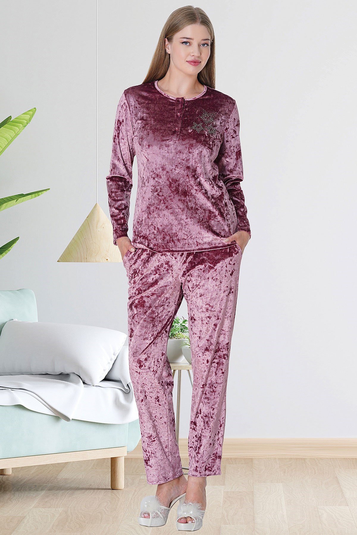 Mecit 5721 Gül Kurusu Kadife Kadın Pijama Takımı | Mecit Pijama