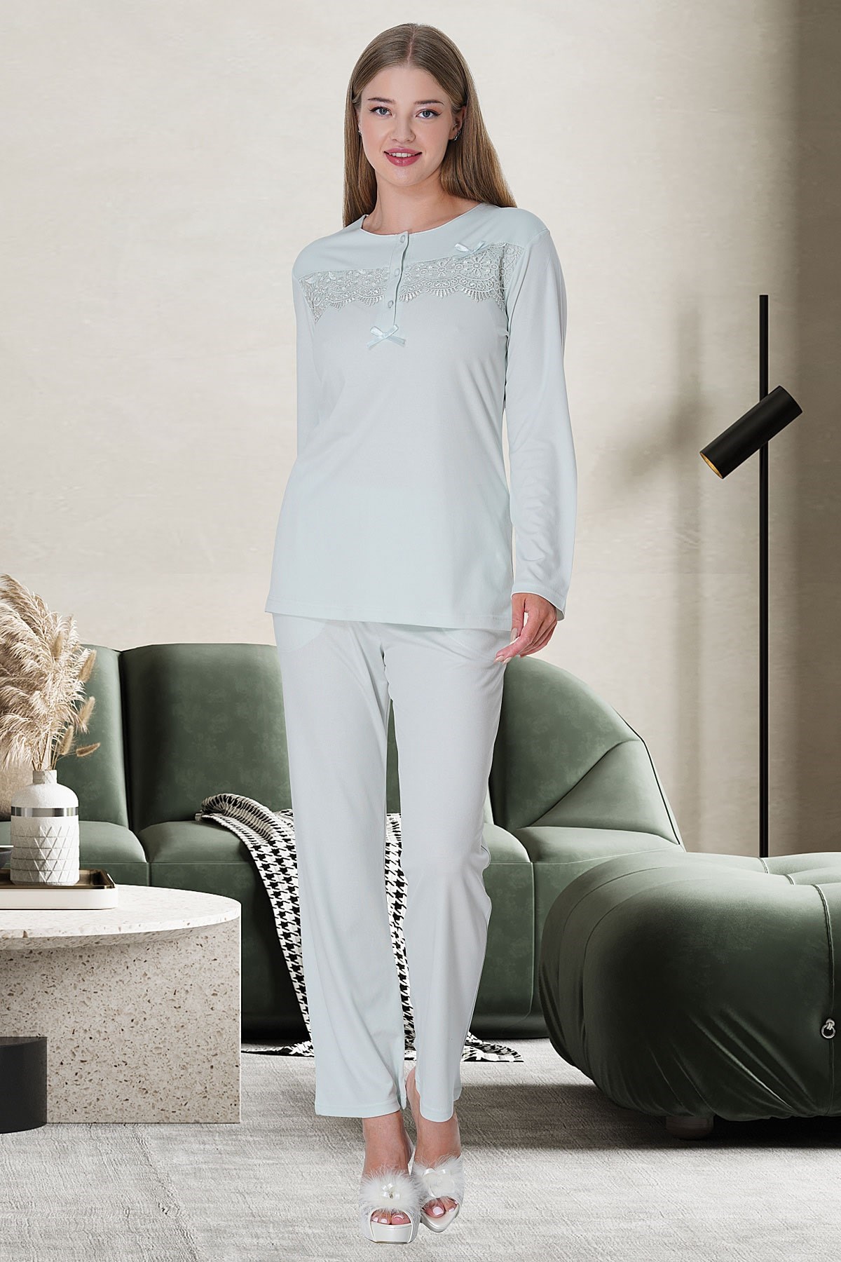 Mecit 5735 Mavi Kadın Sabahlık Pijama Gecelik Set | Mecit Pijama