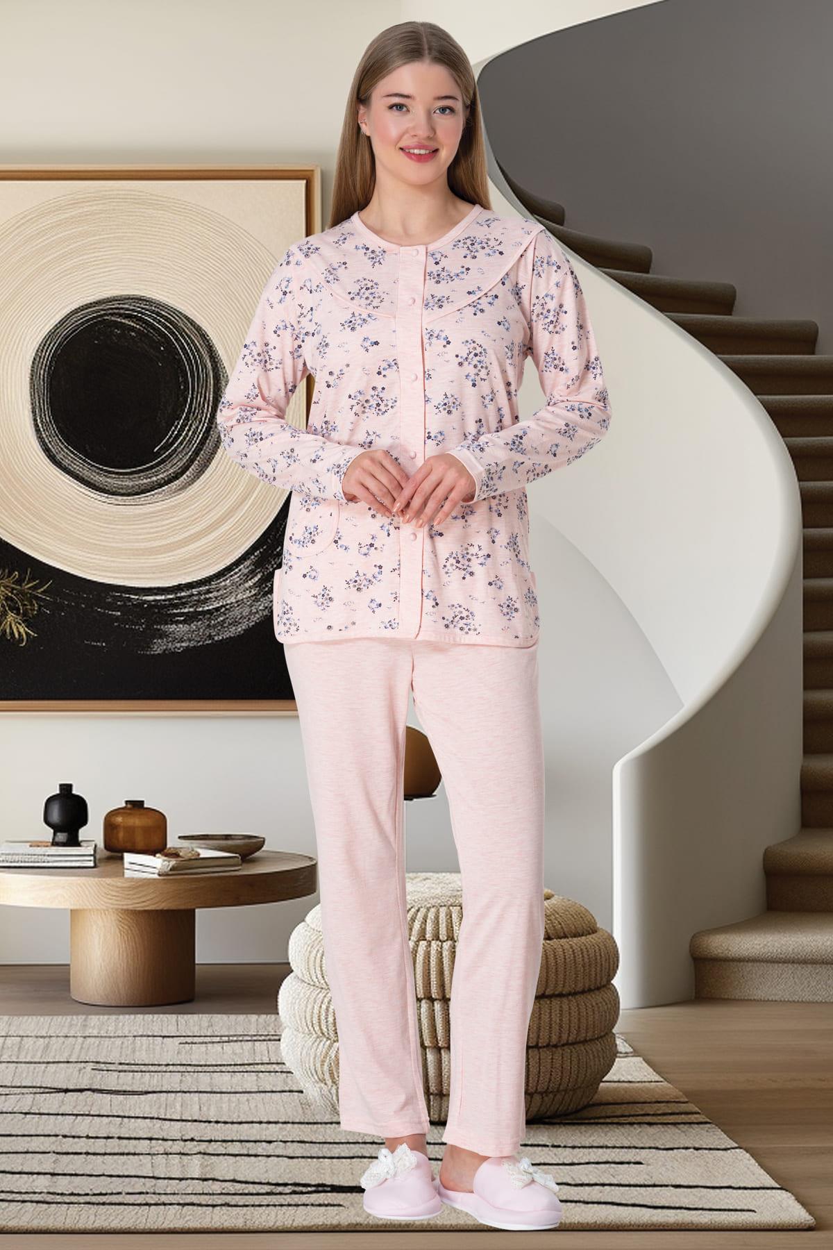 Mecit 5737 Pembe Kadın Boydan Düğmeli Büyük Beden Pijama Takımı | Mecit  Pijama