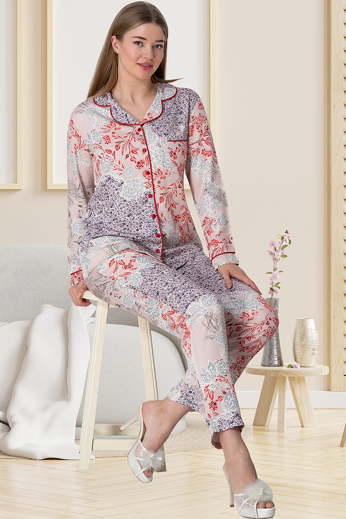 Mecit 5809 Pudra Çiçek Desenli Boydan Düğmeli Kadın Pijama Takımı | Mecit  Pijama