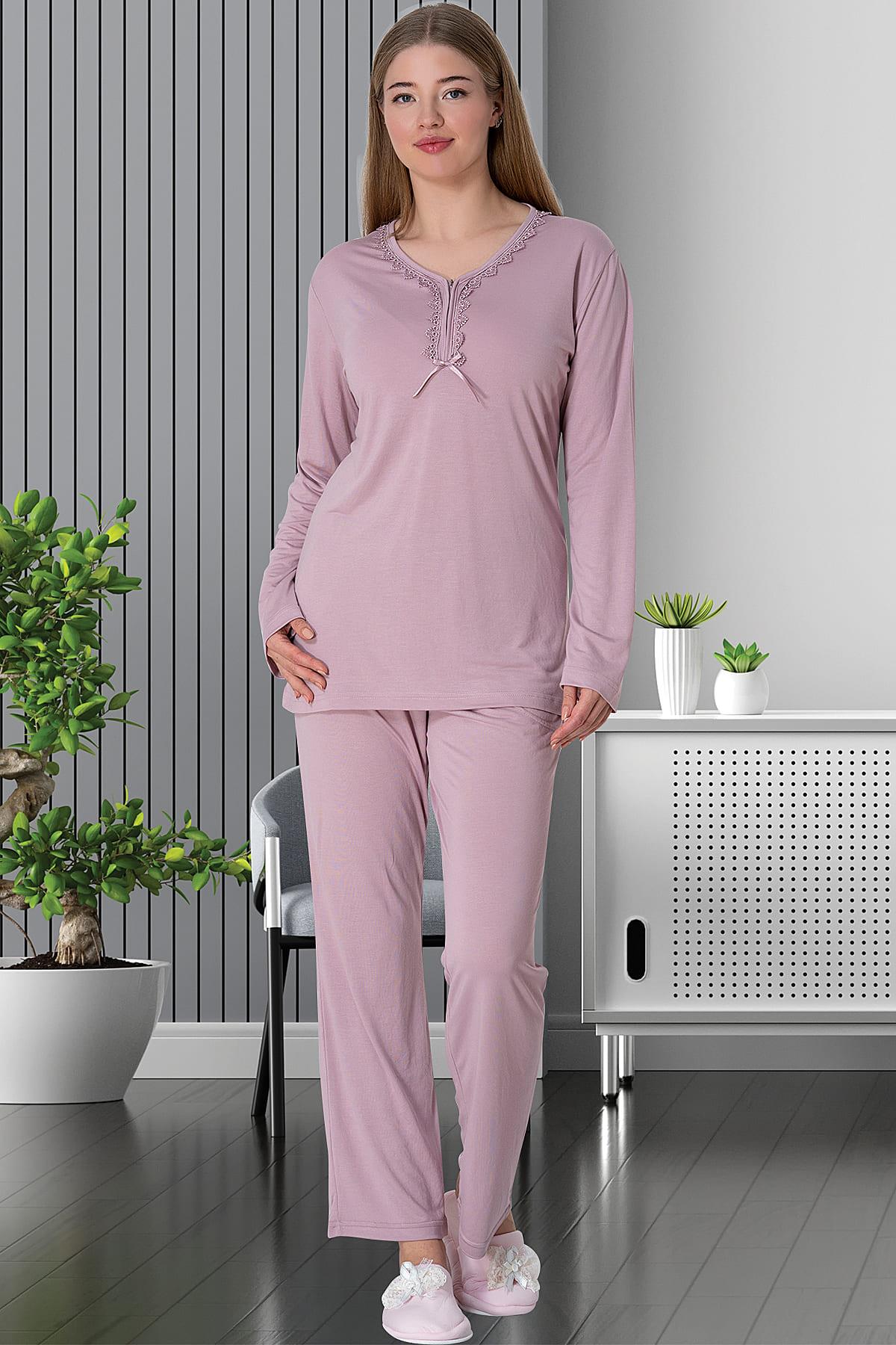 Mecit 5826 Gül Kurusu Büyük Beden Kadın Sabahlıklı Pijama Takımı | Mecit  Pijama