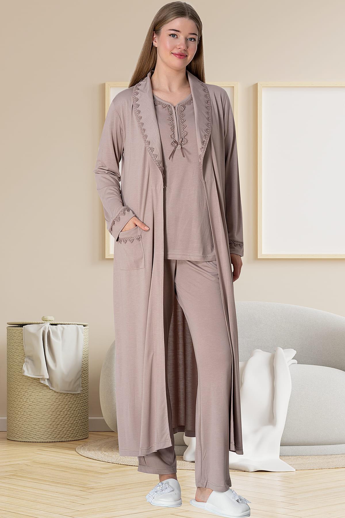 Mecit 5910 Vizon Büyük Beden Kadın Sabahlıklı Pijama Takımı | Mecit Pijama