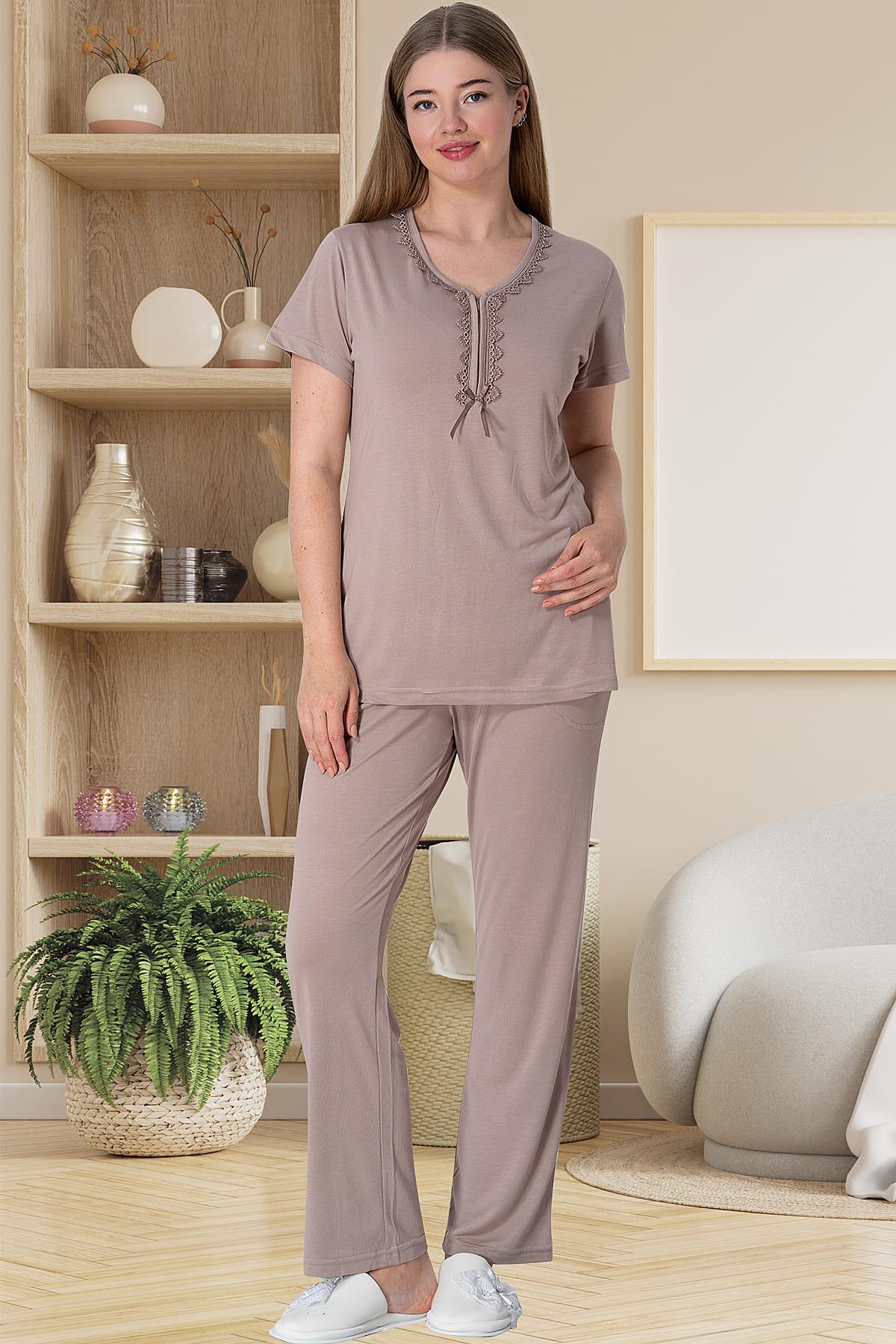 Mecit 5910 Vizon Büyük Beden Kadın Sabahlıklı Pijama Takımı | Mecit Pijama