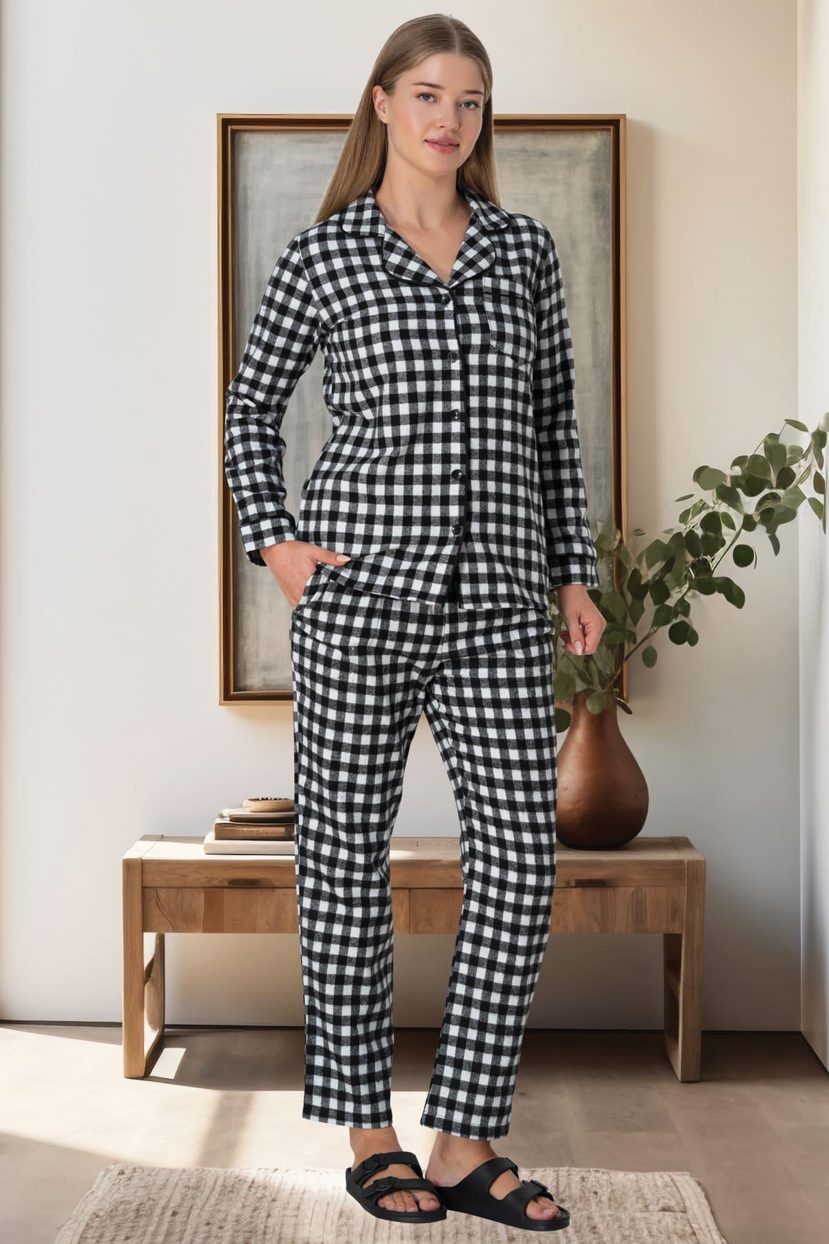 Mecit 5928 Ekose Desenli Beyaz Boydan Düğmeli Kadın Pijama Takımı | Mecit  Pijama