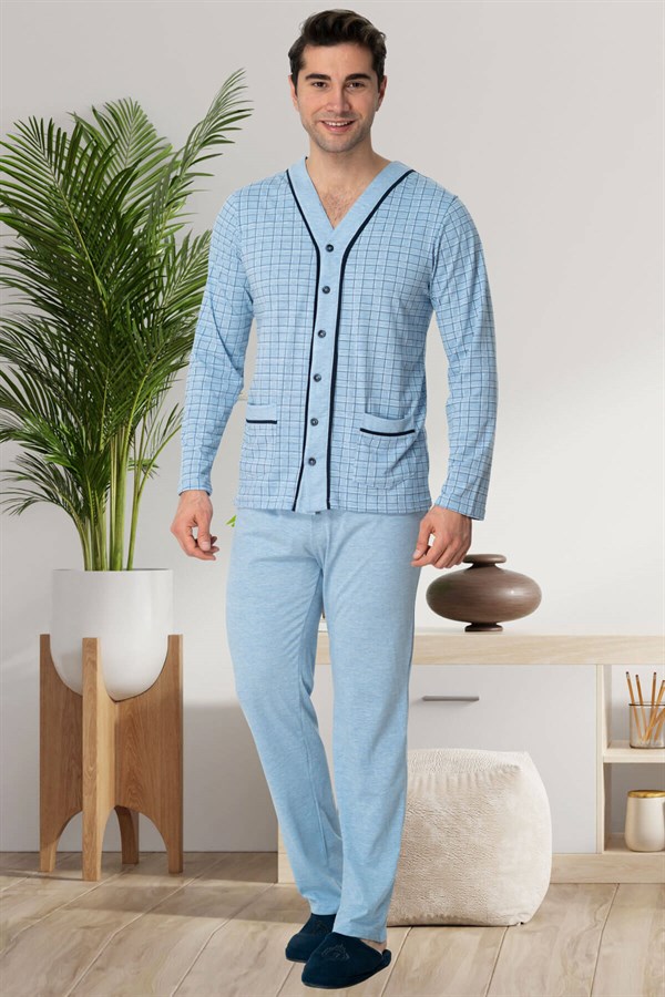 Mecit 22767 Mavi Önden Düğmeli Büyük Beden Erkek Pijama Takımı | By Mecit  Pijama