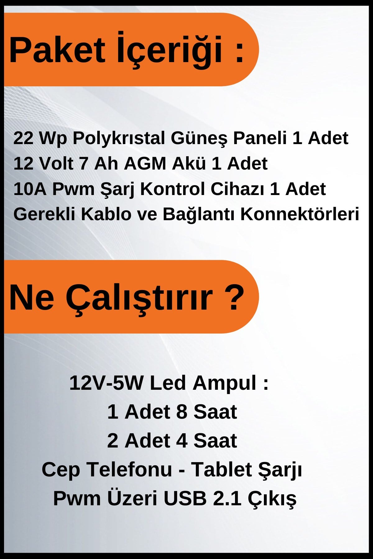 Aydınlatma Short Solar Paket 12 Volt-180Wp