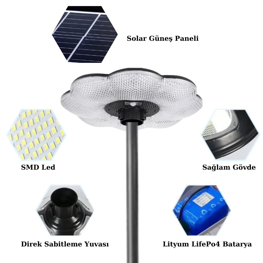 200Watt Güneş Enerjili Solar Çiçek Sokak Armatürü (3 Metre Direkli)