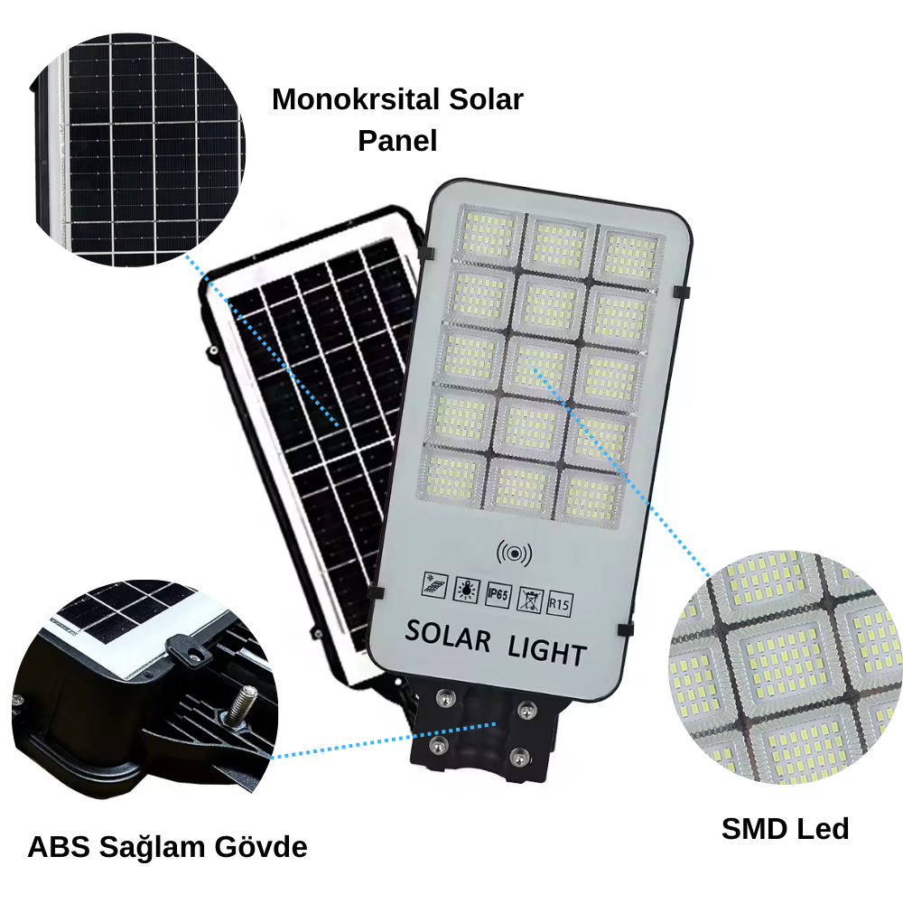 300 Watt Güneş Enerjili Solar Sokak ve Yol Aydınlatma Armatürü (Beyaz Işık)