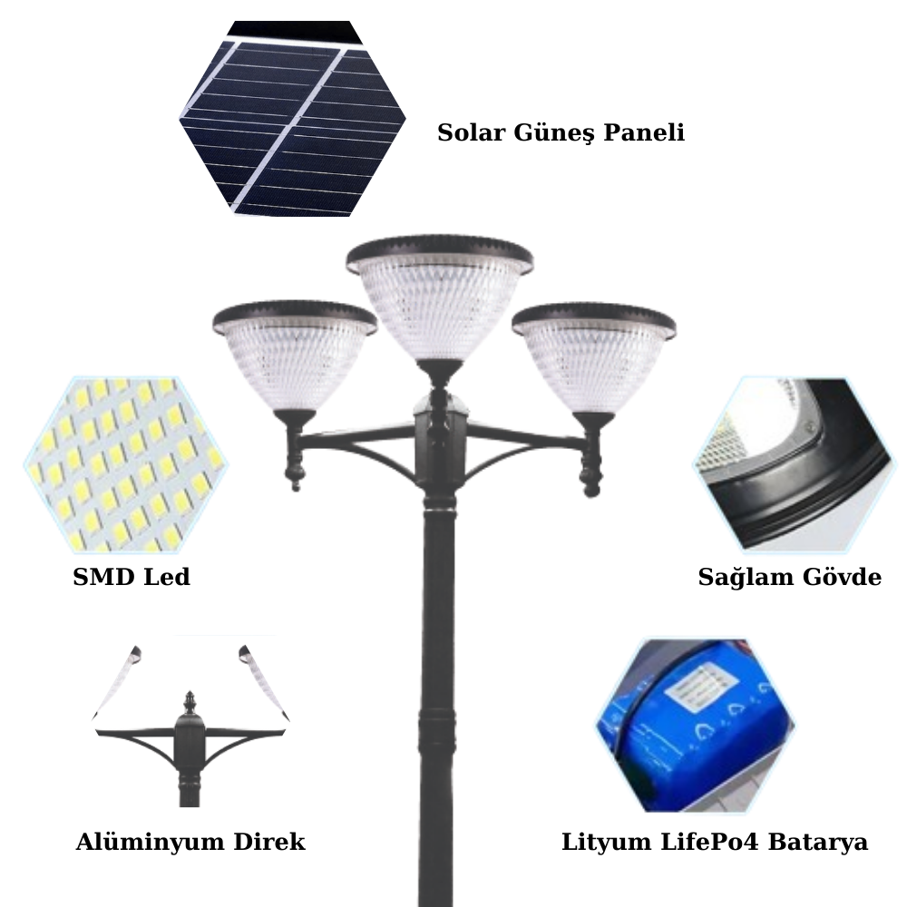 3X100Watt Güneş Enerjili Solar Bahçe Armatürü ( 300cm Direkli )