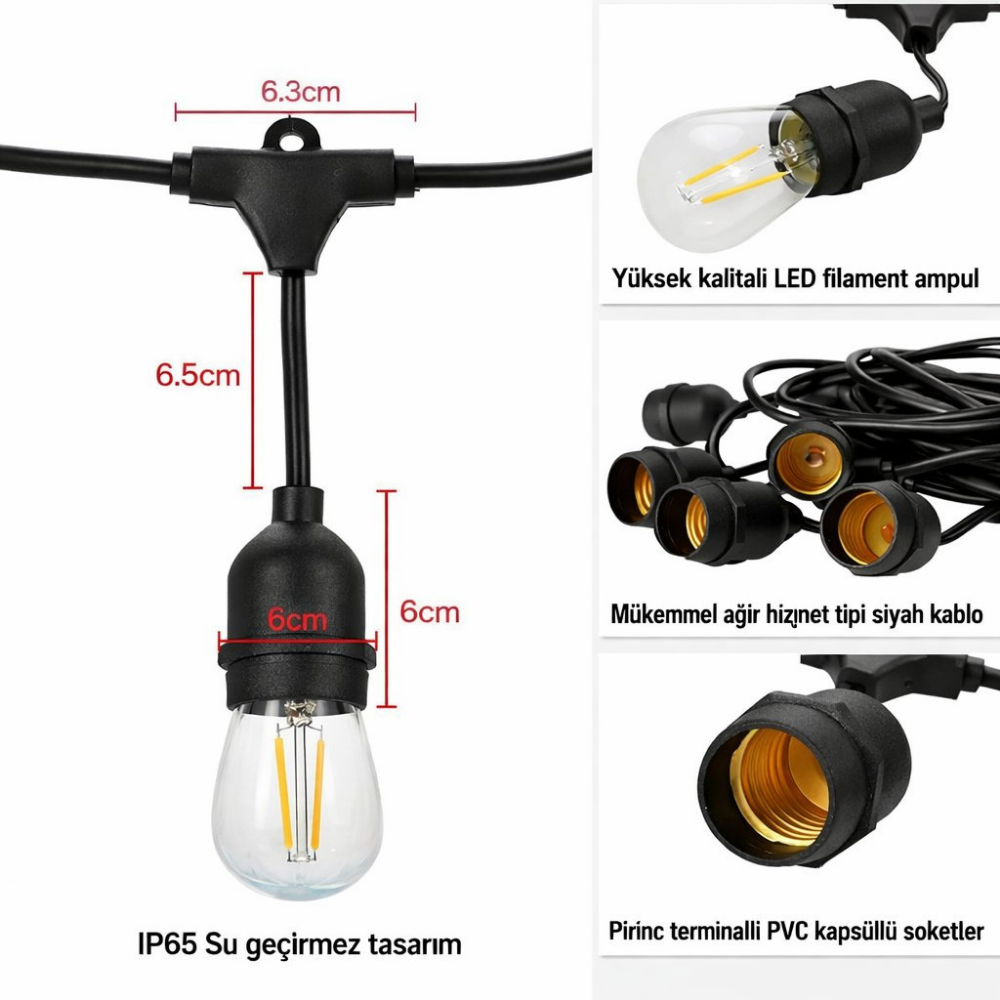 220Volt 20 Adet E27 Duylu 20 Metre Kablolu Set (20 Adet S14 Led Ampul Hediyeli)