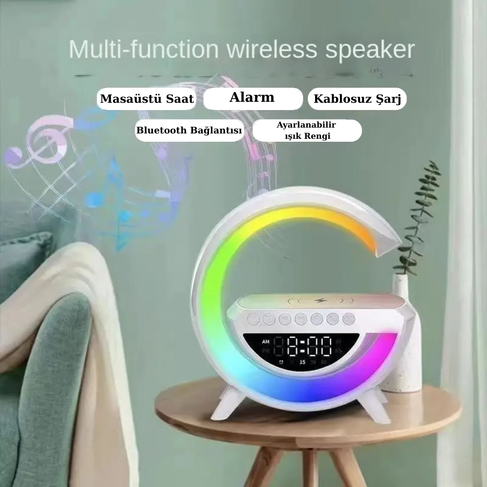 Kablosuz Şarj Özellikli Bluetoothlu Çok Fonksiyonlu Masa Lambası